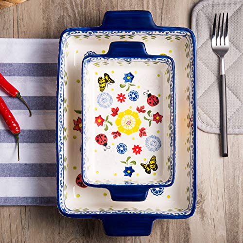 Porcelain Rectangle Baking Dish Set Of 2, Floral Pizza Pie Cheese Serving Bakeware Oven Household Tableware(Baking Dish Set Of 2) (Blue-3) #TOP4