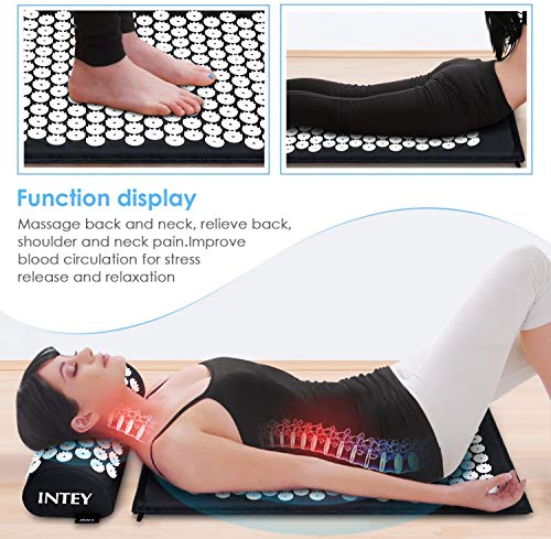 INTEY Wellness Therapy Acupressure Mat Set, Relief Muscle Pain and Stress, Acupuncture Mat and Pillow Cushion for Back, Neck & Feet Massage with Carry Bag (Black)