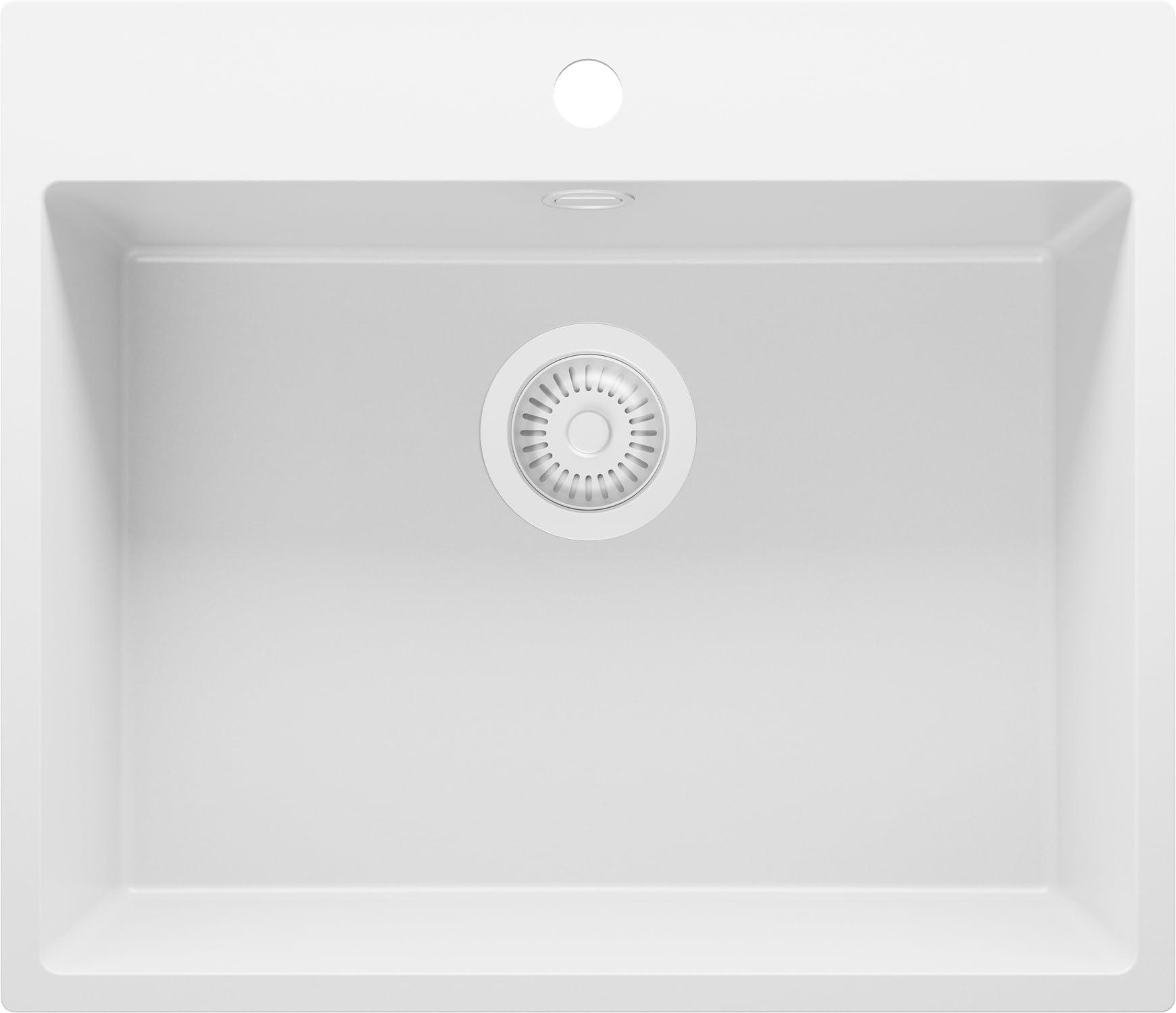 PRIMAGRAN Lavello da Cucina Tutto Bianco 58x50cm, Lavandino in Granito a 1 vasca + Sifone Classico, Lavabo da Cucina Incasso al Mobile 60cm - Riga S312