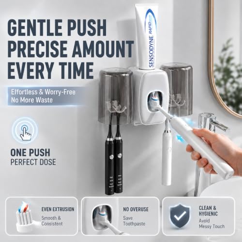 Image of COMFYHOME Tooth Brush Holder Bathroom, Automatic Toothpaste Dispenser, Self Adhesive Brush Stand for Bathroom Wall, Toothbrush Organizer with 2 Mouthwash Cups, 4 Slots Wall Mount Toothbrush Holders