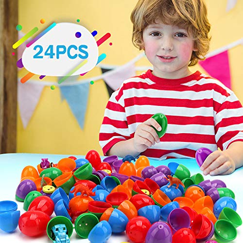 INFUN 24 PCS Easter Eggs, Bright Colorful Surprise Plastic Easter Eggs with Various Surprise Toys for Easter Basket Stuffers Fillers, Easter Egg Hunt Game, Theme Party Favor, Classroom Prize Supplies - Thumbnail 3