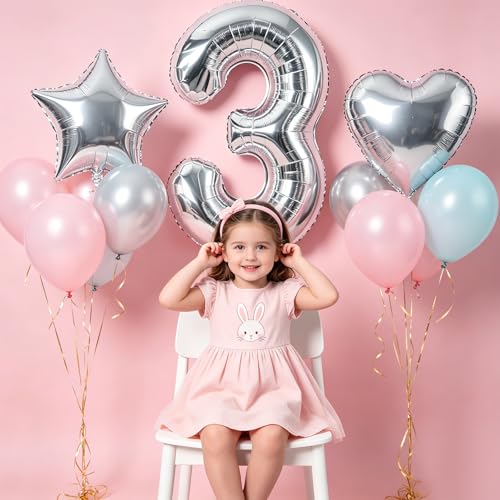 Image of TONIFUL 3rd Birthday Balloons Kit 40Inch Silver Large Number 3 Foil Balloon | with 18Inch Helium Mylar Heart Star Balloons for Kids Women Men Birthday Anniversary Graduation New Year Eve Party Decoration