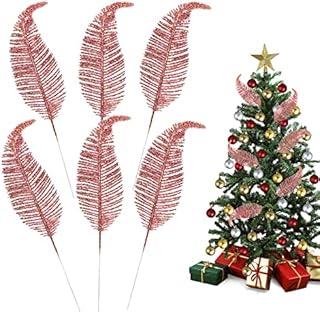 MOTONG 6PCS Christmas Tree Feather, Artificial Glitter Feather Ornament Glitter Powder Christmas Tree Baubles for Home Wedding Christmas Decorations (Rose Gold)