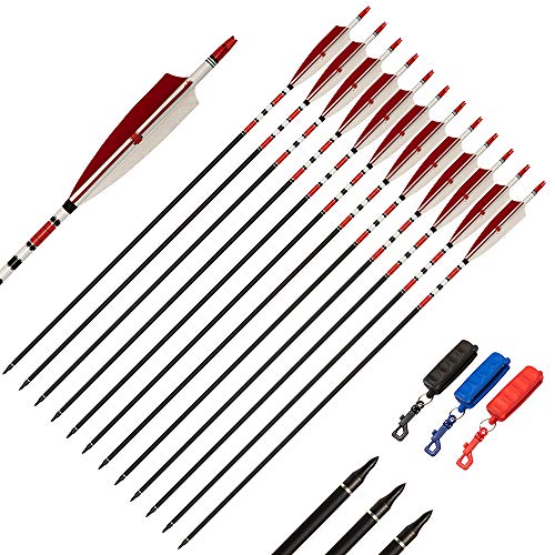 SNOW MONSTER 32 inch Carbon Arrows with 5 inch Turkey Feather Targeting and Practice Archery Hunting Arrows for Recurve & Compound Bow,Traditional Bows?12 Pack?