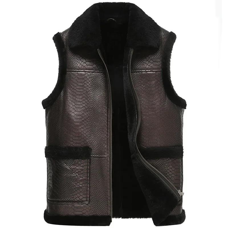 Kelsiop Men's Winter Vest Real Leather Coat Thick Warm Jacket3