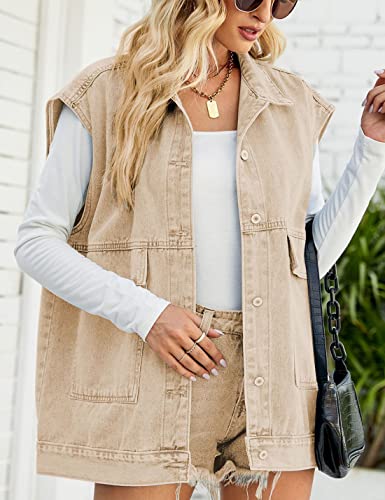 Image of PAODIKUAI Women's Oversized Denim Vest - Sleeveless Distressed Jean Vest with Pockets for Casual Layering