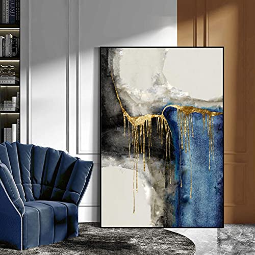 Peinture murale salon abstrait bleu or déco scandinave chic