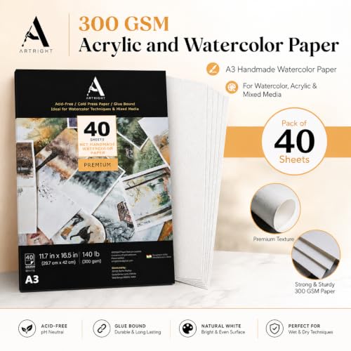 Image of ArtRight Artists' Acrylic Paper (A3 Pack of 40 Sheets, 300 GSM); 300 GSM Handmade Sheets for Gouache & Mixed Media Paintings