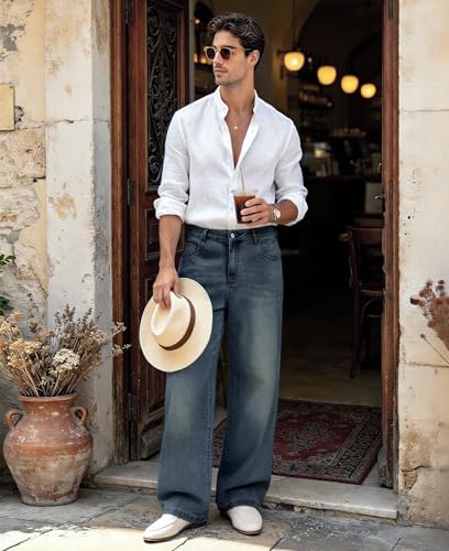 Image of Mens Bootcut Baggy Jeans Stretch Flared Wide Leg Old Money Jeans Lightweight Breathable Vintage Stylish Casual Denim Pants