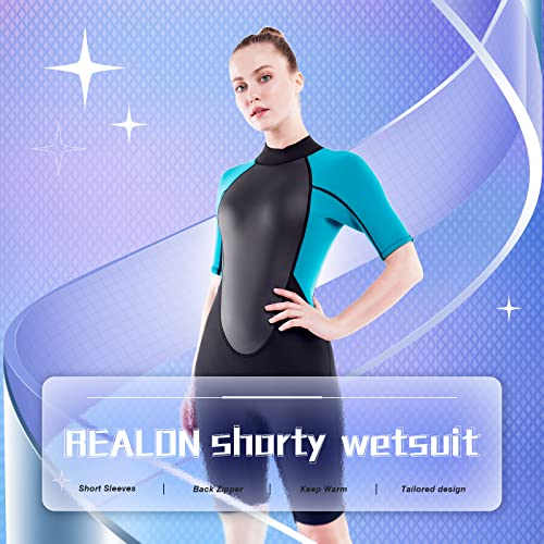 Realon Shorty Wetsuit Women 3Mm, Neoprene Adult Thermal Shortie Swimsuit, Short Sleeve Back Zip Wet Suit Keep Warm In Cold Water For Swimming Surfing Diving Snorkeling (3Mm Shorty Blue, Medium) #TOP3