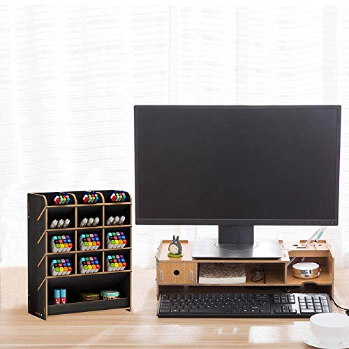 Image of Wooden Desk Organizer, Multi-Functional DIY Pen Holder Storage Box Desktop Stationary Storage Rack for Home, Office and School (Black)