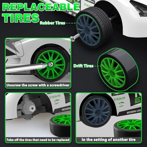 Image of Rc Drift Remote Control Car 1:24 Scale, High-Speed, 4Wd, Led Lights, Rechargeable Racing Car, Drifting Tires, 2.4Ghz, for Kids (1:24 RC Drift - White)