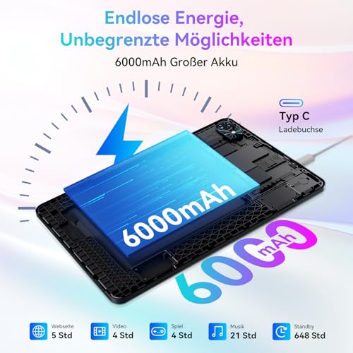 TABWEE 2026 Neueste Android 15 Tablet 10 Zoll - 12GB RAM+128GB ROM, Octa Core, Gaming Tablet, Widevine L1, 1280x800 IPS, 6000mAh Akuu, Gemini AI, 5MP KI Kamera, Face ID, 5G WiFi, 3.5mm Jack 6