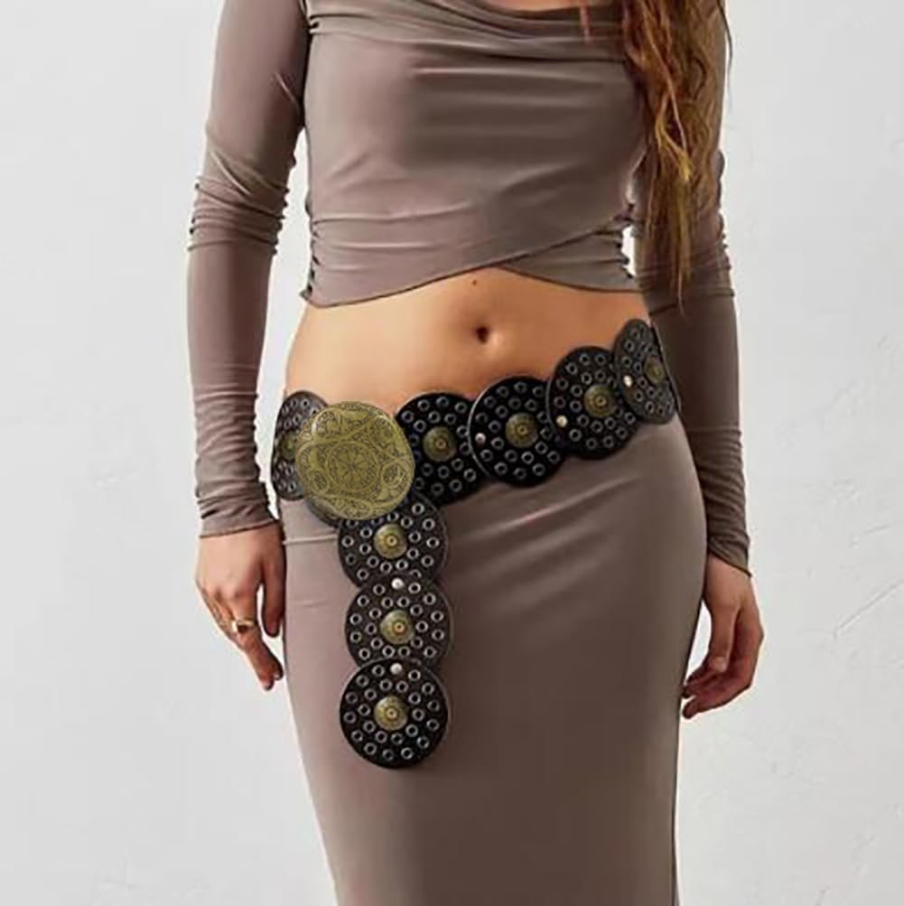 Wide Disc Belt for Women Boho Disk Concho Leather Belts Western Waist Belts for Dress - Image 2