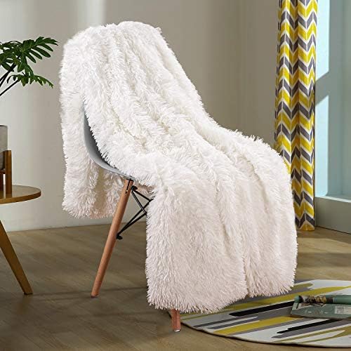 YOH Shaggy Sherpa Reversible Throw Blanket, Fuzzy Longfur Faux Fur Decorative Couch Bed Furry Throws, Super Soft Fluffy Fleece Microfiber Blankets for Outdoor Indoor Camping (60x50 Inches) Ivory White