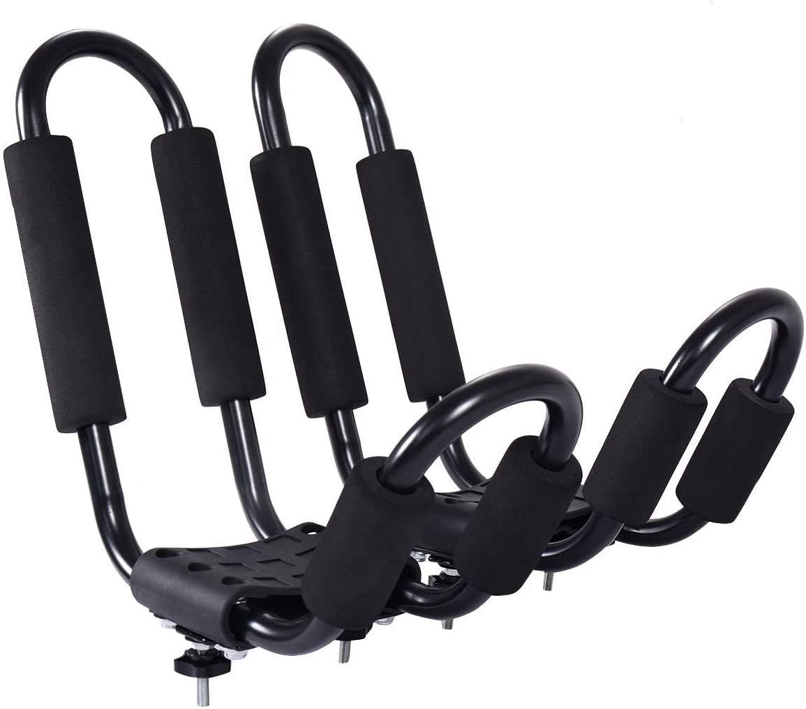Goplus 2 Pairs Kayak Roof Rack, Universal Kayak Carrier J-Bar Rack with 4 Tie Down Straps, Canoe Boat SUP Surfboard Ski Board Rooftop Mount Rack on Car SUV and Truck Crossbar