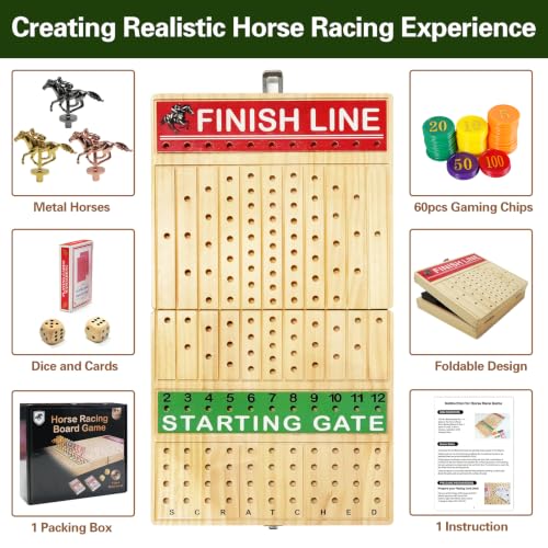 Juego de mesa Horse Race con tablero plegable y caballos metálicos miniatura 5