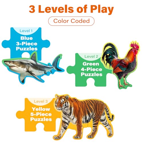 Image of BenBen Puzzles for Toddlers 2-4,12 Animal Puzzles, 3 Levels Step-by-Step
