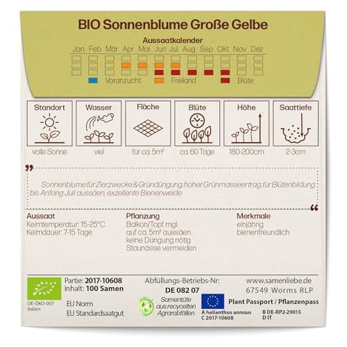 BIO Sonnenblumensamen von Samenliebe – Große Gelbe, für Garten und Balkon