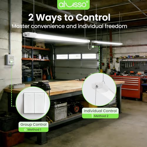Image of ALUSSO LED Shop Lights 4FT for Garage, 6000LM Super Bright, Adjustable 2700K-6500K Color Temperature, 120V, Warm to Cool Daylight Linkable Shop Lights for Workshop, 4 Pack
