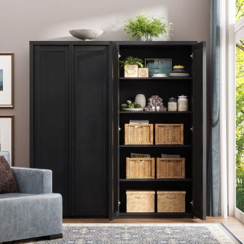 Image of Yechen 67 inch Tall Kitchen Pantry Cabinet,Rattan Storage Cabinet with Solid Wood Integrated Handle​and Adjustable Shelves, Cupboard with Doors for Livingroom, Dining Room, Dark Black (2 Piece)