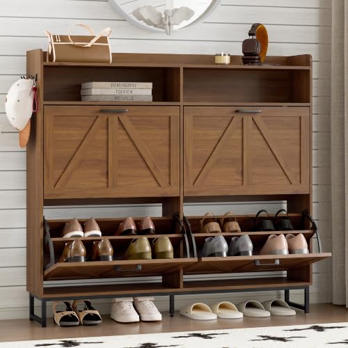 Image of BORNOON Shoe Cabinet with 4 Flip Drawers Narrow Shoe Storage Cabinet Organizer Wooden Freestanding Shoe Rack Hidden Slim Shoes Storage Cabinet for Entryway, Hallway, Living Room, Bedroom