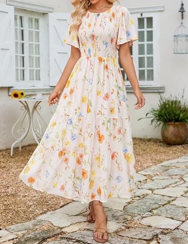 Image of ZESICA Women's 2026 Summer Boho Floral Maxi Dresses Casual Short Flutter Sleeve Smocked Tiered Flowy Dress
