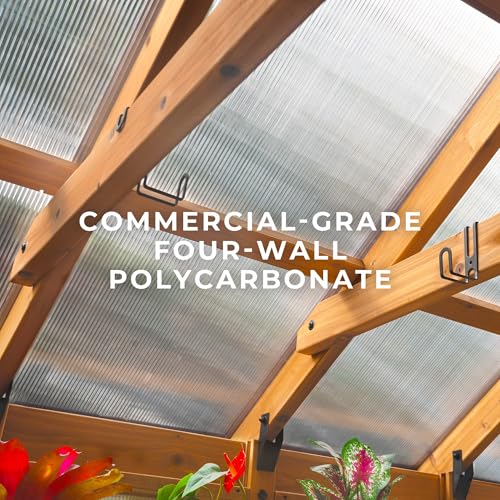 Image of Backyard Discovery Savannah Chalet-Style 14.5' x 12' Cedar and Polycarbonate Walk-In Greenhouse Kit with Sink, Exhaust Fans, Windows, Hose Hook-Ups, PowerPort, Staging Shelves for Year-Round Gardening