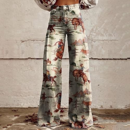 Women's Flare Jeans Wide Leg Baggy Pant Vintage Floral Printed High Waisted Straight Stretch Pants with Pockets3