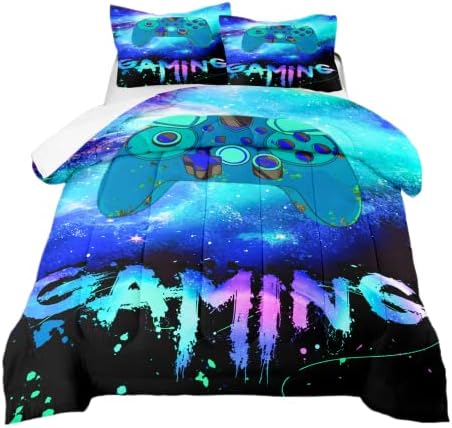 Gaming Comforter Sets for Boys Girls Kids Teens Galaxy Gamer Bedding Sets Gamer Room Decor Video Games Pattern Design Soft Microfiber 3 Piece Queen Size Bed Set-Includes 1 Comforter & 2 Pillowcases ​