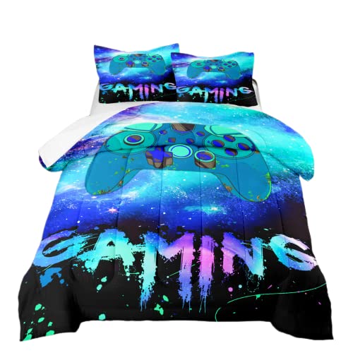 Gaming Comforter Sets For Boys Girls Kids Teens Galaxy Gamer Bedding Sets Gamer Room Decor Video Games Pattern Design Soft Microfiber 3 Piece Queen Size Bed Set-Includes 1 Comforter & 2 Pillowcases ​ #TOP2