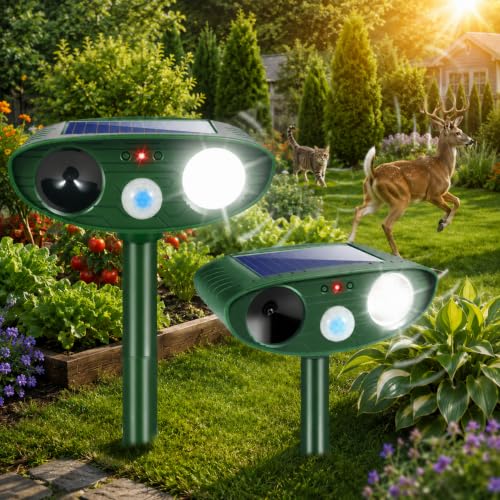 2Pack Sonic Fortress Pro Deer Repellent Devices for Plants Solar Ultrasonic Animal Repellent Outdoor with Motion Detection&Flash Light Rabbit Fortress Pro Keep Raccoon Cat Away for Vegetable Garden