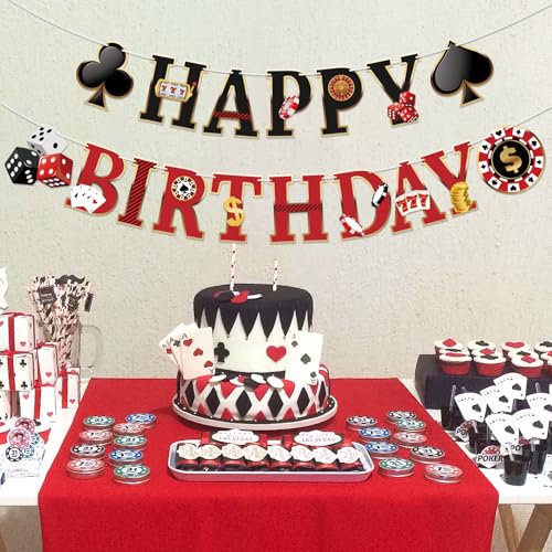 Image of Hooqict Casino Theme Party Decorations Happy Birthday Banner Casino Party Banner Garland for Las Vegas Poker Night Birthday Party Decorations Supplies