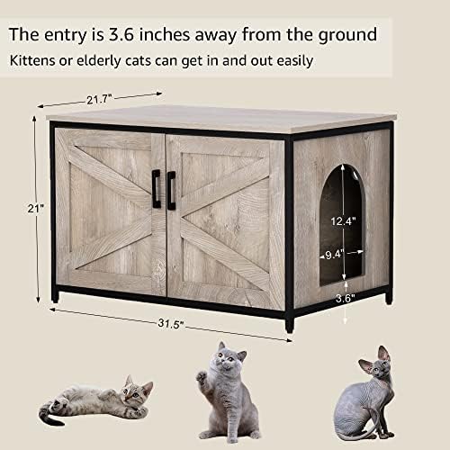 unipaws Litter Box Enclosure with Top Opening, Wooden Cat Litter Box Furniture, High Jumbo Litter Box Enclosure, Litter Box Hidden with Double Doors, Cats Washroom Bench for Indoor