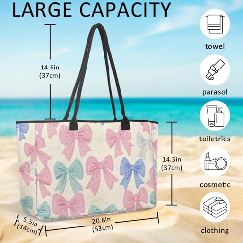 Large Beach Bag for Women, Bows Colorful Pattern Travel Tote with Pockets Waterproof Shoulder Handbag4