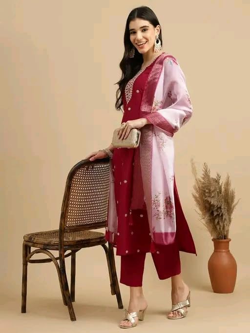 Image of Women's Embroidered Straight Kurta Set with Pant and Floral Silk Dupatta