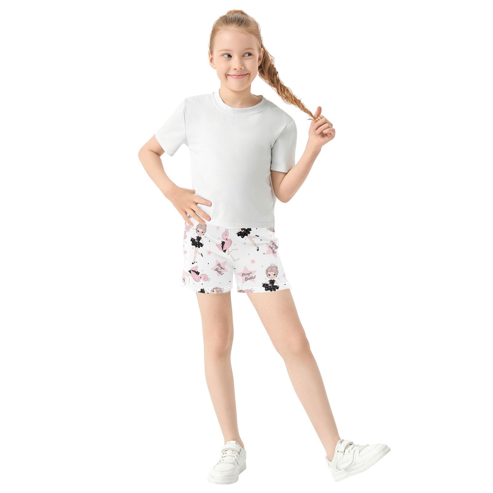 pnyoin Girl's Shorts Cute Balerina Girl Athletic Running Shorts with Pockets Size 14-15t Multi