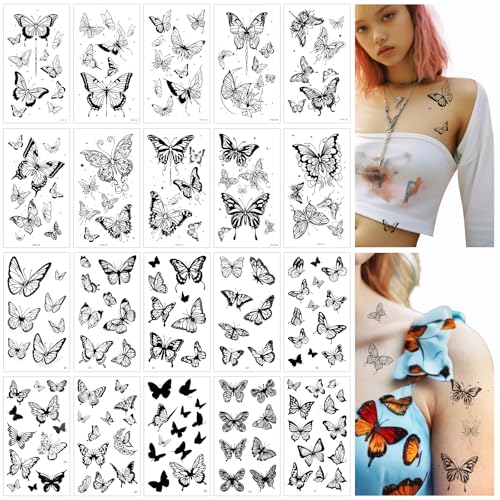 JIEYAO 20 Hojas Pegatinas de Tatuaje de Mariposa Negra, Temporales Impermeables Adultos, Etiqueta Realista 3D, Tatuajes Adhesivos para Mujeres Piel Cuerpo Brazo