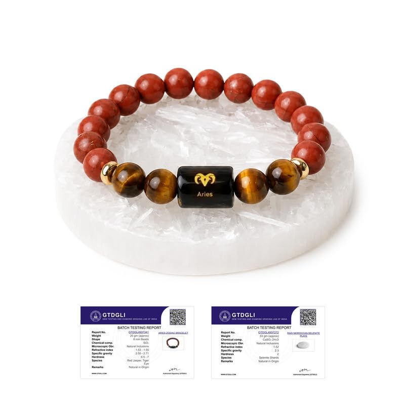 Image of Astrotalk Zodiac Bracelet with Raw Selenite Plate | Healing Crystals for Protection & Emotional Balance | Citrine & Tiger Eye | Bracelet for Man & Woman | Gift for Man & Woman