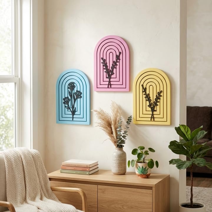 Image of eCraftIndia Pack of 3 Floral Wall Art with Blue Pink Yellow Wood Base Flower Cutouts Boho Decor