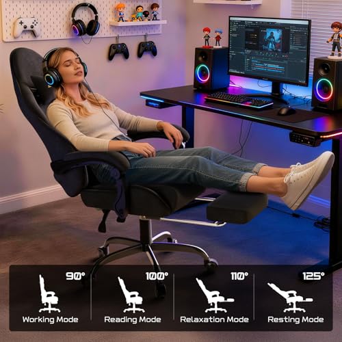 Image of Comfortable Video Gamer Chairwith Footrest, Ergonomic Velvet Fabric Gaming Chair for Adult, Reclining Desk Game Office Computer Chairs with Massage Lumbar Cushion,Headrest