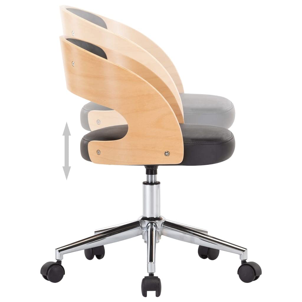 Krzesło do jadalni obrotowe, czarne, z ramą z drewna łukowego i obiciem ze sztucznej skóry, ergonomiczne oparcie, kółka z tworzywa sztucznego, 48 x 53 x 66,5 – 74,5 cm, łatwe w pielęgnacji