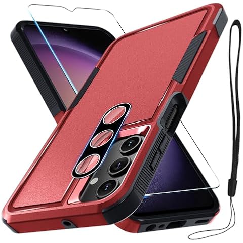 RMOCR Case for Samsung Galaxy A16 5G, Full Body Heavy Duty Rugged Shockproof Protective Phone Cover with Lanyard Strap, Tempered Glass Screen Protector and Camera Lens Cover, Red Cover