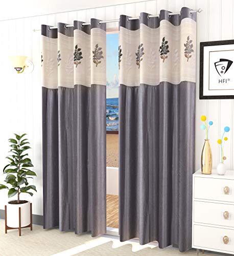 Image of LaVichitra Polyester Door Curtain with Floral Net (7ft, Grey) -2 Pieces