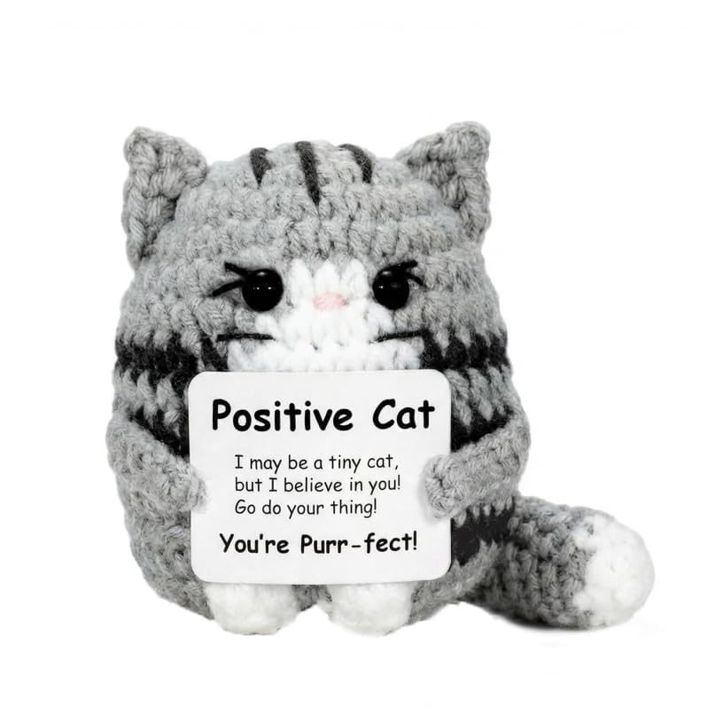 Positive Crochet Animals Gifts,Positive Sloth/Capybara/Duck/Axolotl/Bee/Cow,Emotional Support Handmade Gift with Affirmation Cards,Funny Inspirational for Women Keepsake,Cute Decoration (Cat)
