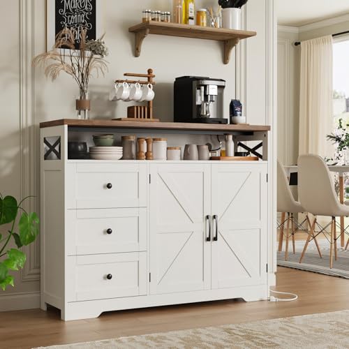 Image of 47 inch Antique White Storage Cabinet with Doors and Drawers, Farmhouse Sideboard Buffet Cabinet with Storage, Kitchen Pantry Hutch, Coffee Bar Station Table for Kitchen, Livingroom, Dining Room