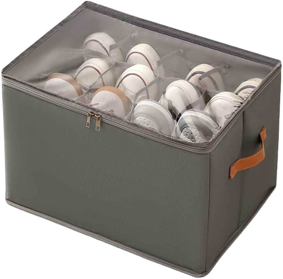 Organizador de Calçados e Roupas 12 Divisórias Dobrável com Tampa Transparente – Caixa Organizadora Multiuso Estruturada em TNT (Cinza)