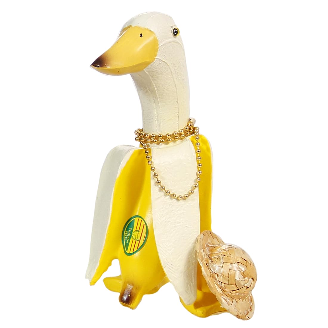 TAOHUAJIANGBanana Duck Garden Statue with Straw Hat Golden Necklace Simulated 3D Eyes Banana Brand Trademarks Duck Decor Weird Gifts for Adults Banana Ornament Funny Banana Gifts (Banana Duck)