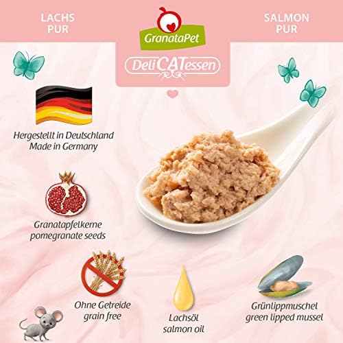 GranataPet Delicatesse łososia PUR, mokra karma dla kotów, karma bez zbóż i bez dodatków cukru, karma dla kotów z dużą zawartością mięsa i wysokiej jakości oleje, 6 x 185 g