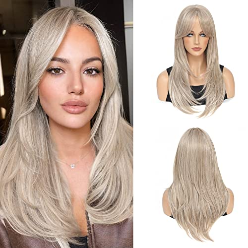 Ash Blonde Wig with Fringe Synthetic Mixed Blonde Wigs for Women Long Slight Curly Layered Wig for Daily and Party Wear